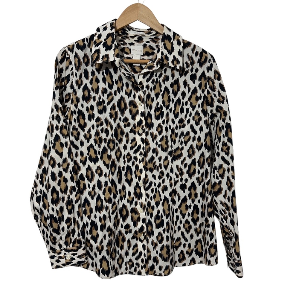 Chicos Animal Print Shirt Womens Size 1 (S) Cotton Button Down No Iron